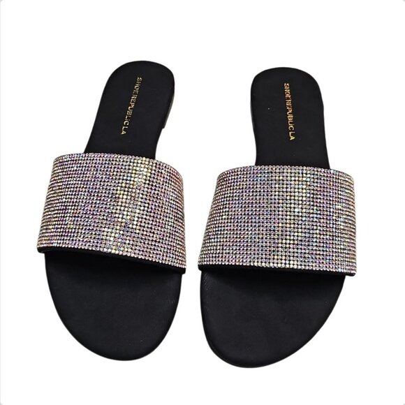 Rhinestone Embellished Slide Sandals Black Sole Multicolor Sparkle Band - Picture 5 of 6